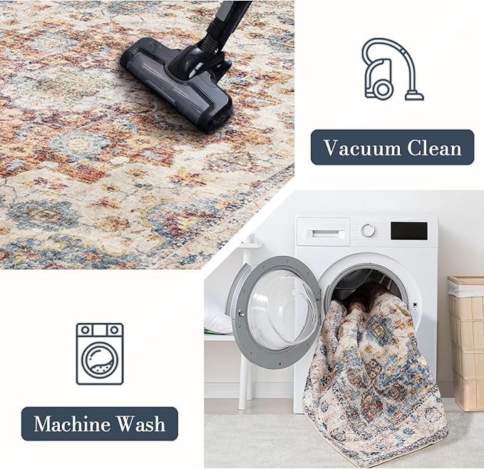 Area Rug 8×10, Large Vintage Boho Rug,Ultra-Soft Low Pile, Washable, Non Slip,Stain Resistant, Printed Carpet for Living Room Bedrooms Playroom Office Kitchen, Blue/Red