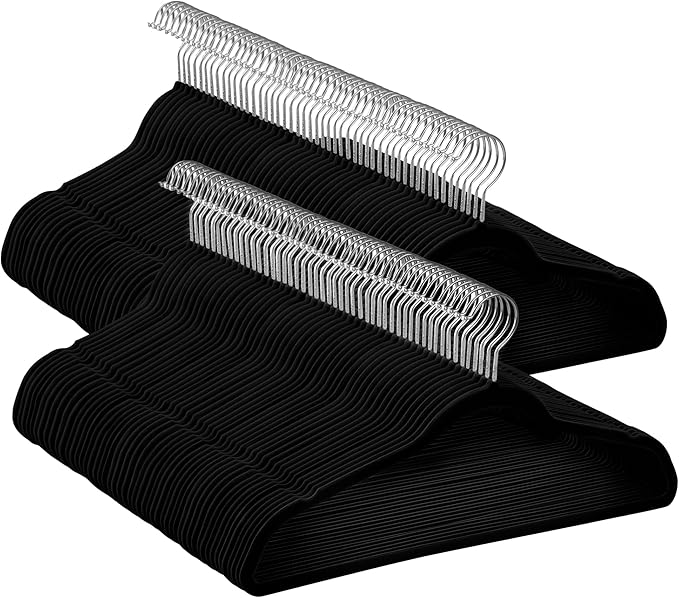 SONGMICS Velvet Hangers 100 Pack, Non-Slip Clothes Hangers with Silver-Colored Swivel Hooks, Slim Space-Saving for Closet, Heavy-Duty, Black UCRF026BZ02S