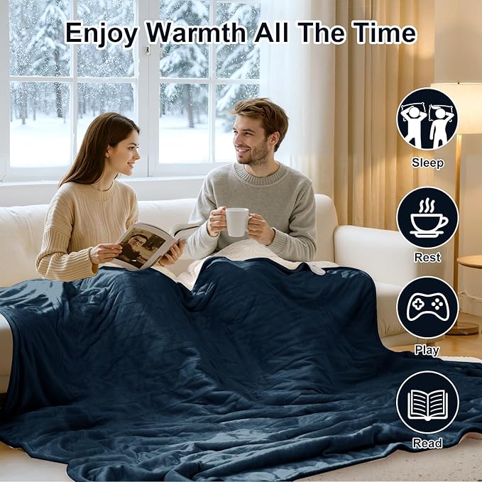 Queen Size Heated Blanket - Dual Control Electric Blanket Queen with 5 Heating Levels, 10 Hours Auto Off, Overheat Protection, Washable Flannel Sherpa Heating Blanket, 84 x 90 Inch, Navy