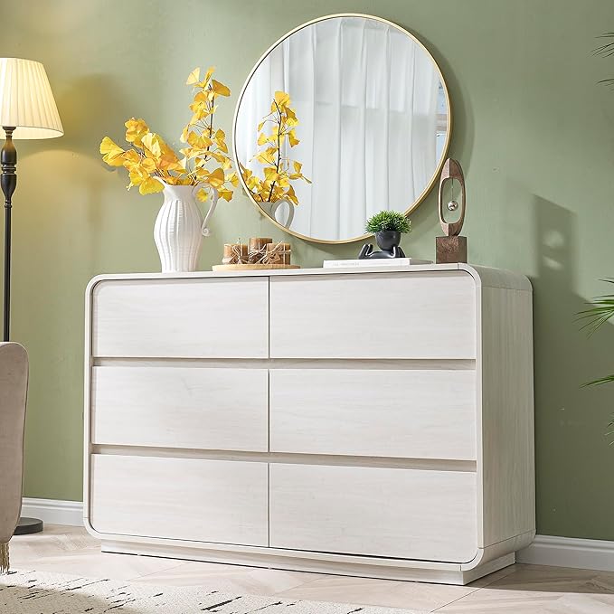 6 Drawer Dresser for Bedroom, 47" Wide Dresser with Large Storage, Rustic Wooden Chest of Drawers for Bedroom, Hallway, White