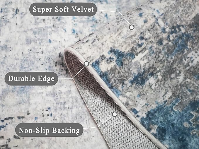 vivorug 9x12 Area Rugs for Living Room, Non Slip Machine Washable Modern Abstract Rug, Ultra-Thin Lightweight Large Area Rug Carpet for Bedroom, Dining Room, Low Pile Gray/Navy