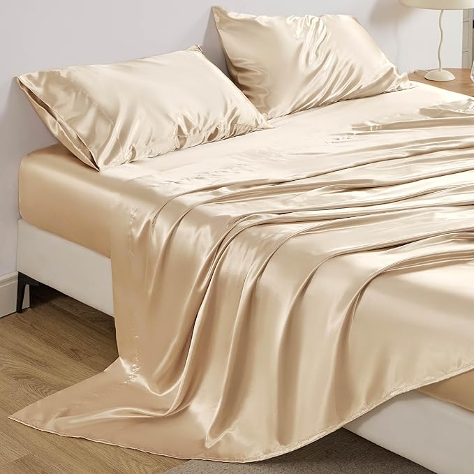 Bedsure Satin Sheets Full Size - 4 Piece Silky Bedsheets with 15 Inches Deep Pocket Fitted Bedsheet,1 Flat Sheet, 2 Satin Pillowcases, Good for Hair & Skin (Full, Champagne)