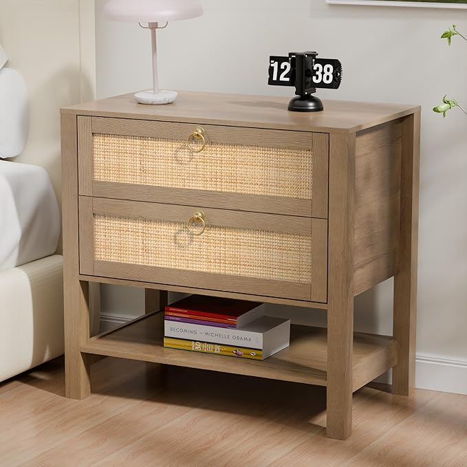 Rattan Nightstand Set of 2 with 2 Drawers and Storage Shelf, 26” Tall Wide Night Stand, Wood Large Bedside Table for Bedroom, Side Table, Carbon Cherry