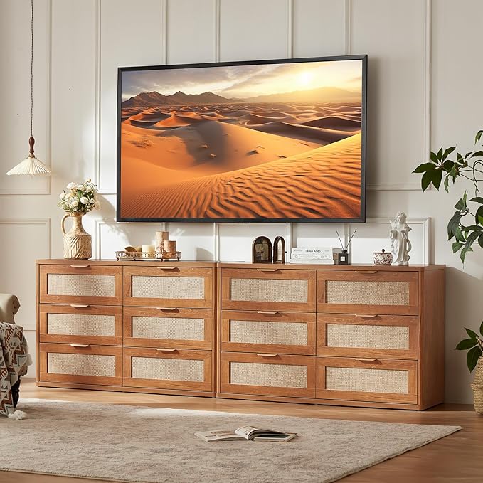LEYAOYAO Rattan Dresser and Nightstand Set of 3, Boho Wood Dresser for Bedroom with 6 Drawers and Night Stand with Charging Station, Bedroom Furniture, Dressers & Chests of Drawers,Hallway,Living Room
