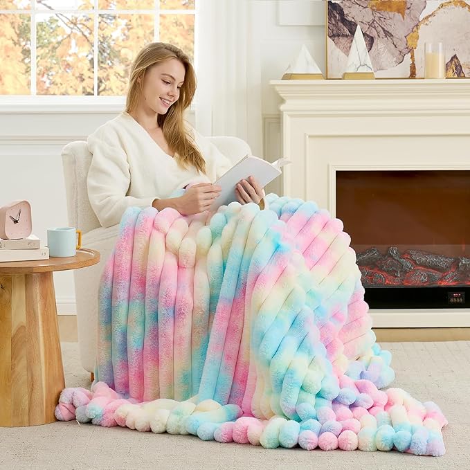 Cozy Bliss Faux Fur Throw Blanket for Couch, Cozy Warm Plush Striped Blanket for Sofa Bedroom Living Room, 50 * 60 Inches Tie-dye Rainbow