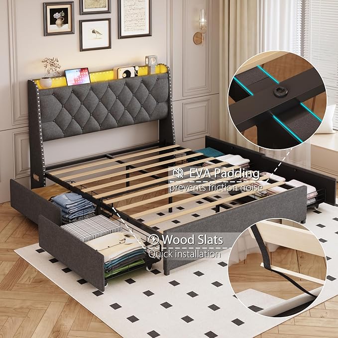Queen Size Bed Frame with 4 Drawers and Storage Headboard, Upholstered Wingback Bed Frame with LED Lights and Charging Station, No Box Spring Needed, Easy Assembly, Noise Free, Grey