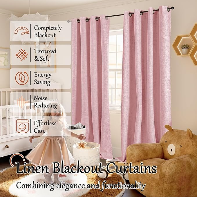 Baby Pink Linen Blackout Curtains for Nursery 90 Inch Length 2 Panels Set, Thermal Insulated Boho Total Black Out Noise Reducing Bonzer Grommets Window Curtains for Girls Bedroom, Each 52 Inch Wide
