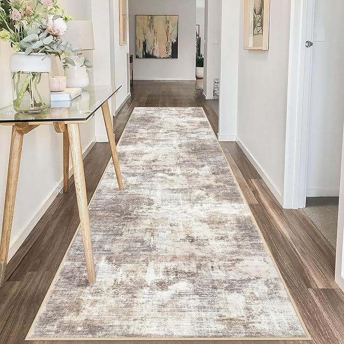 IOHOUZE Abstract Runner Rug 3x10 Ft Washable Runners for Hallways, Non Slip Kitchen Runner Printed Faux Wool Entryway Runner Indoor, Modern Abstract Floor Carpet for Hall Kitchen Bedroom, Beige Brown