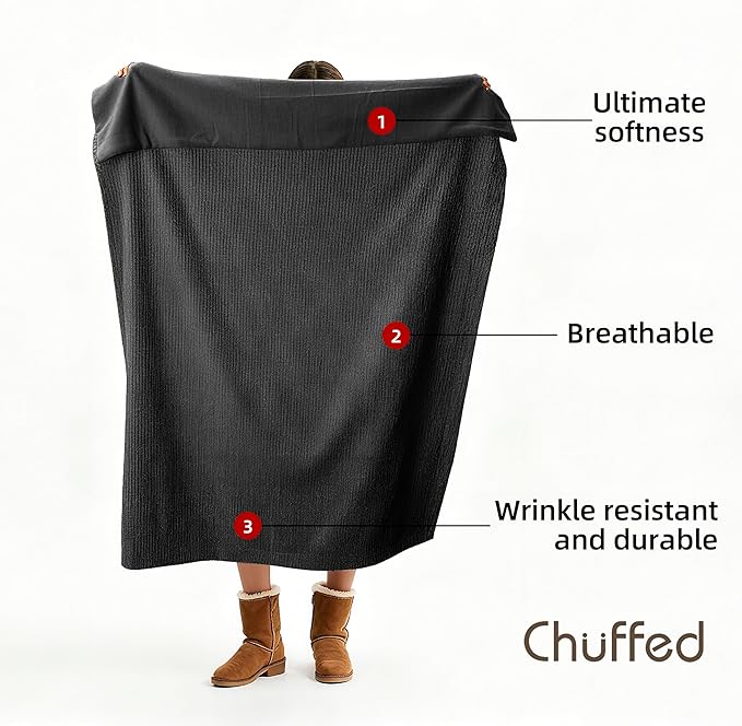 CHUFFED Cotton Waffle Blanket Throw Size - Plush Milk Velvet & Reversible Waffle Weave,Anti-Static 300Gsm Design，Thick Cozy Soft Winter Blanket for Bed, Couch, Sofa - Dark Grey, 50x70 Inches
