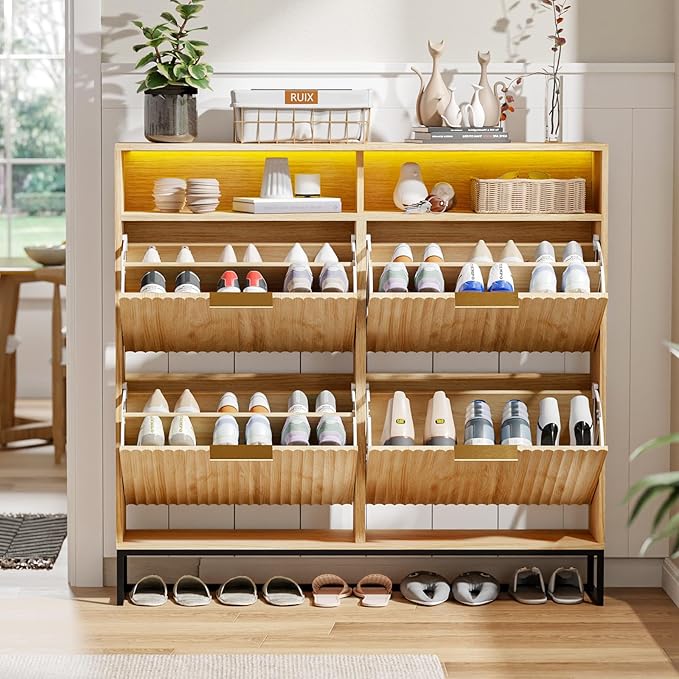 VINGLI Fluted Shoe Cabinet Storage for Entryway,Hidden Shoes Storage Cabinet with 4 Flip Drawers, Mid Century Modern Shoe Rack with LED Light,Shoes Organizer with Cubby for Hallway(Natural Oak)