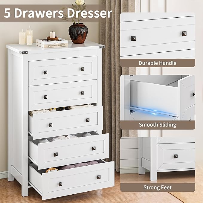 Dresser for Bedroom with 5 Drawers, Tall Wood Chest of Drawers, Modern Farmhouse Closet Clothes Organizer, Storage Tower Cabinet with Metal Handles for Hallway, Living Room, Entryway, White