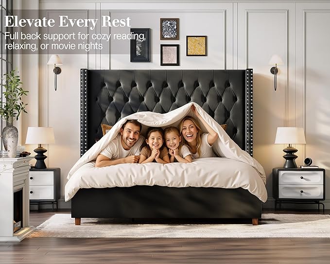 Jocisland California King Bed Frame with 61.4" Tall Wingback Headboard, Velvet Upholstered Platform Bed, Handcrafted Pleats& Deep Button Tufted, Solid Wood Legs, No Box Spring Required, Black
