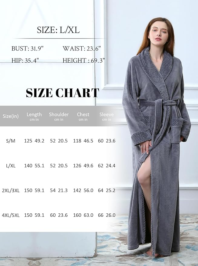 Artfasion Womens Long Fleece Robe - Warm Soft Floor Length Flannel Bathrobes for Winter Thicker Long House Coat with Pockets