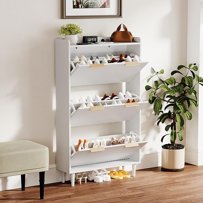 VINGLI White Fluted Shoe Storage Cabinet for Entryway with 3 Flip Drawers, Narrow Shoe Organizer with Fluted Panel, Modern Freestanding Wood Shoe Cabinet for Foyer, Hallway (White, 3 Flip Drawers)