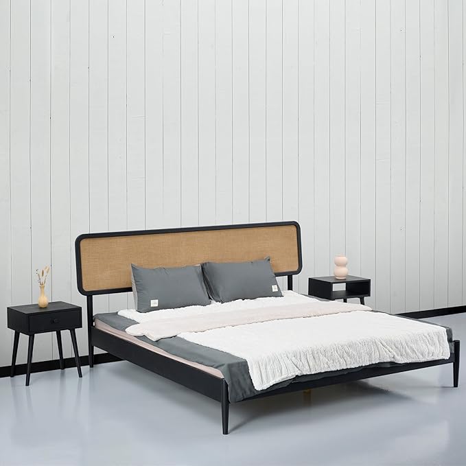 NTC Lupin Wooden Bed Frame with Headboard, Solid Oak and Rubber Wood Foundation with Silent Slats and Wood Central Supports, 1000 Lb Capacity, Effortless Assembly, Queen - Burnt Black