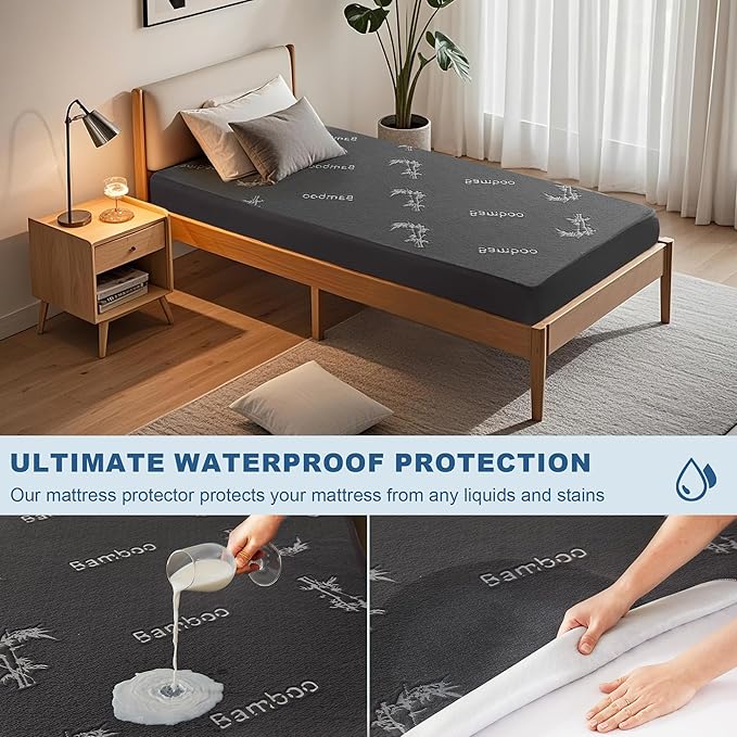 BEDLORE Twin XL Size Waterproof Mattress Protector Viscose Derived from Bamboo, Soft Mattress Cover Fitted with Deep Pocket 6"-15", Breathable & Cooling Noiseless Mattress Pad, Machine Washable(Gray)