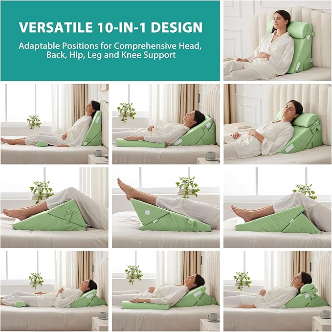 Bedluxe 3Pcs Orthopedic Bed Wedge Pillow Set, Foam Wedge Pillow Post Surgery for Back, Leg and Knee Support, Adjustable 9&12 Inch Folding Triangle Pillow for Sleeping, Acid Reflux, Snoring, Green