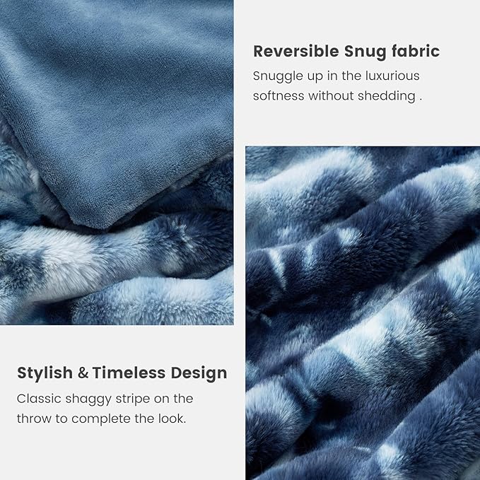 Cozy Bliss Faux Fur Throw Blanket for Couch, Fuzzy Soft Plush Thick Striped Blanket for Sofa Bedroom Living Room, 60 * 80 Inches Tie-dye Blue