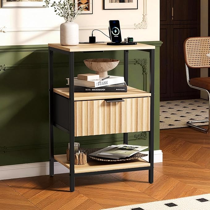 VINGLI Night Stand with Charging Station, Fluted Nightstand with Fabric Drawer, Bed Side Table/End Table for Bedroom, Dorm, 14.96" W*11.81" D*23.7" H