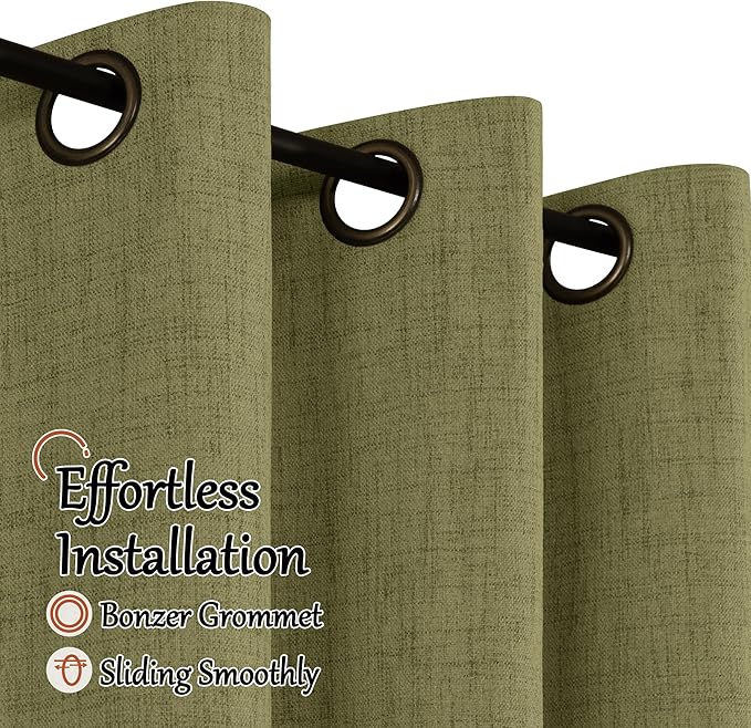 100% Linen Blackout Curtains for Bedroom Living Room 45 Inch Long 2 Panels, Thermal Insulated Light Blocking Soundproof Curtains, Noise Reducing Window Drapes 52x45 Inch 2 Panels, Olive Green