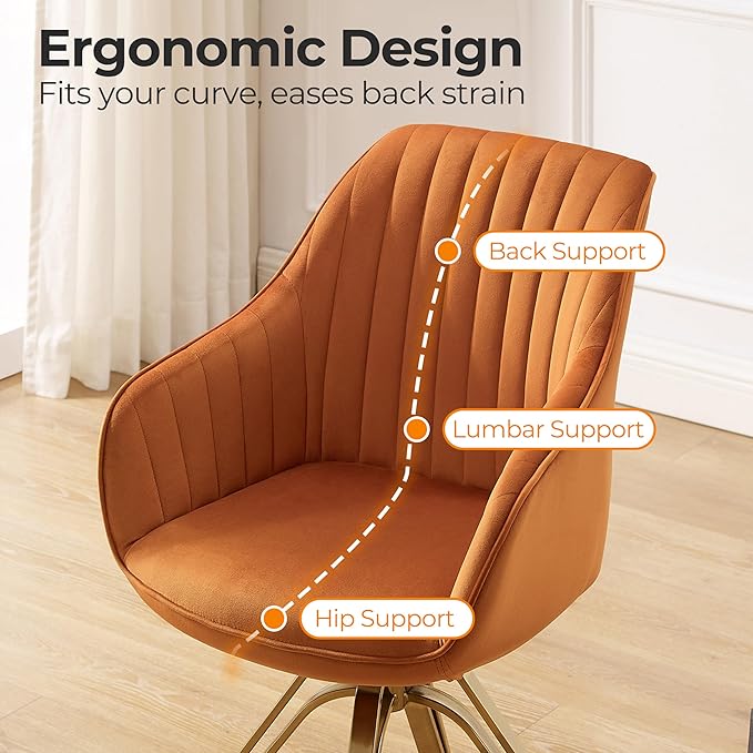 Zouron Mid Century Modern Swivel Accent Chair with Gold Metal Legs, Upholstered Swivel Chair No Wheels, Side Accent Arm Chair Vanity Chair for Small Space Home Office Living Room Bedroom, Orange