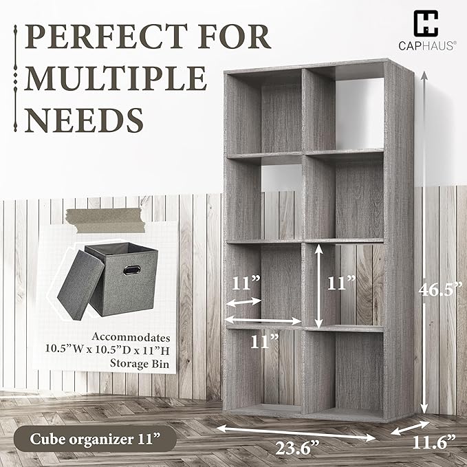 CAPHAUS Sturdy Room 11-Inch Cube Storage Organizer Shelf, with Thick Exterior Edge, Storage Shelf Divider w/Back, Bookcase, 8-Cube, Greige Oak