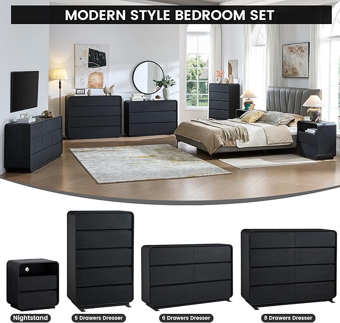 29.5’’ W Dresser for Closet, Black Drawers with Curved Design, Chest Drawer with 5 Drawers, Vertical Drawer with Large Storage, Wooden Dresser for Living Room, Nursery, Entryway
