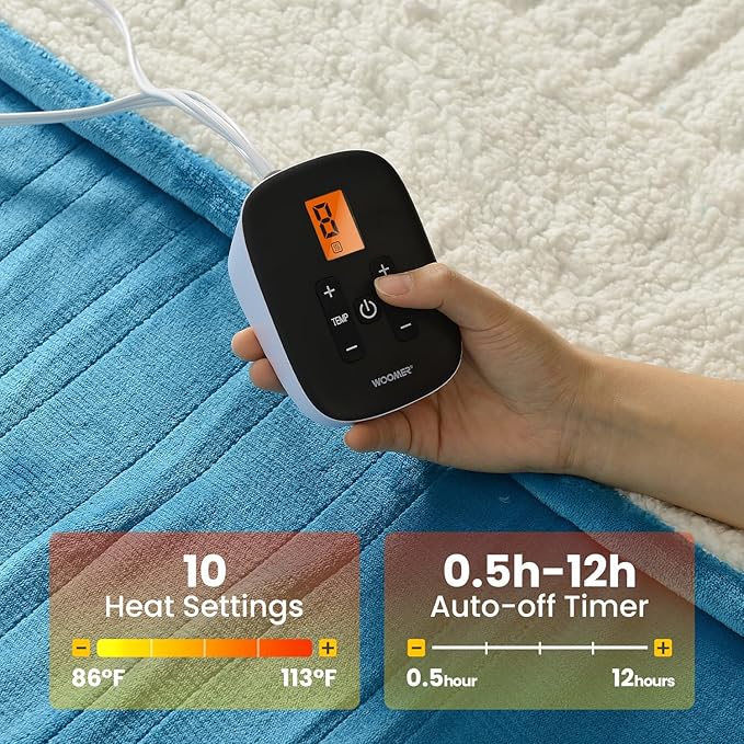WOOMER [5-Year Warranty Electric Blanket Twin Size,Durable Flannel and Soft Sherpa,Dual Control,62”×84” Heated Throw Blanket, 10 Heat Levels&0.5-12h auto-Off,Energy Efficient,ETL Certified