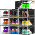 Thicken Hard Clear Shoe Storage Organizer for Closet, 10 Pack Modular Plastic Stackable Shoe Storage Box Organizer, Shoe Sneaker Rack Display Case Containers Bins with Lids, Black Clear