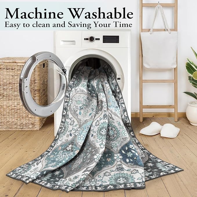 Lahome Moroccan Washable Living Room Rug, 5x8 Rugs for Bedroom Dining Room, Soft Non-Slip Non Shedding Boho Distressed Throw Carpet for Nursery Office, Blue