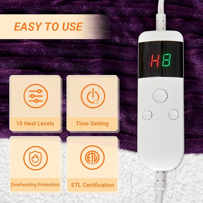 Heated Blanket Electric Twin, Soft Flannel Heating Blanket with 8 Hours Auto Off 10 Fast Heating Levels Machine Washable Sherpa Heated Blanket with Overheating Protection