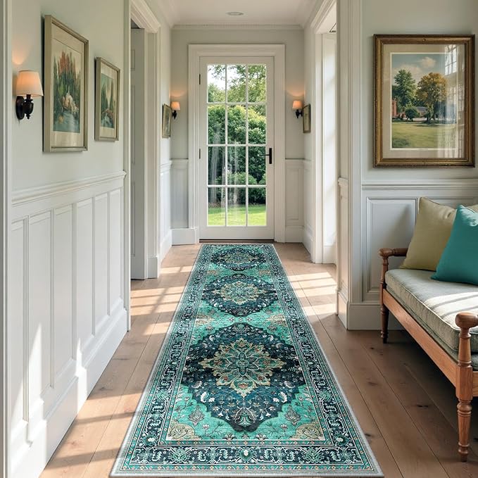 Area Rugs 3'x9' Washable Non-Slip, Floral Vintage Distress Print Pattern Medallion Carpet for Living Room Bedroom Dining Room, Teal Green Lake Blue Turquoise