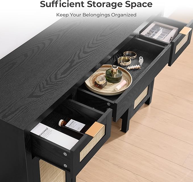 SICOTAS 2 Pieces Rattan Vanity Home Office Desk - Big Boho Makeup Vanities Benches with Drawers & Storage Cabinets, Dressing Vanity Table for Makeup Room, Bedroom, Home Office, Black Oak