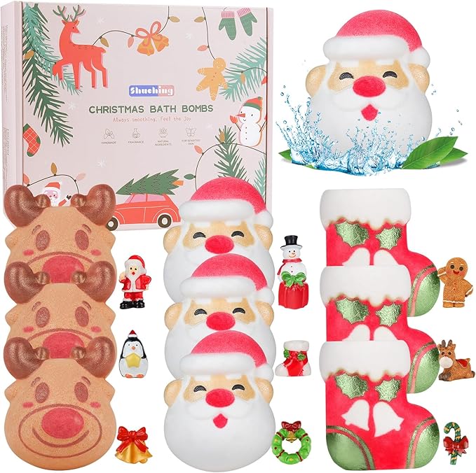 SHUCHING 9 XXL Christmas Bath Bombs with Surprise Inside, Natural and Organic Bubble Bath Fizzy Balls Gifts Set for Kids Boys Girls, Santa Claus and Reindeer Shaped