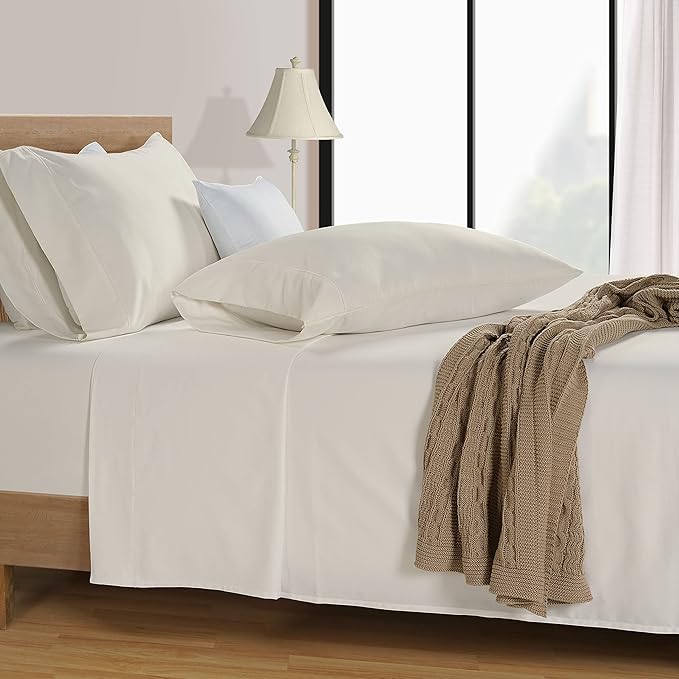 LANE LINEN 100% Cotton 600 Thread Count Soft Twin Bedding Sheets & Pillowcases Set- Sateen Weave Fully Elasticized 15 inch Deep Pocket Twin Sheets, Hotely Like Think Natural Cooling Bedding - Ivory