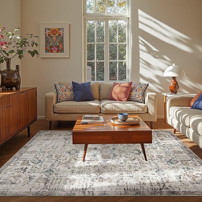 jinchan Kalen Area Rug 6x9 Washable Living Room Rug Vintage Indoor Large Floor Cover Retro Accent Mat Distressed Floral Country Boho Non Slip Thin Carpet for Bedroom Dining Room Office Blue Multi