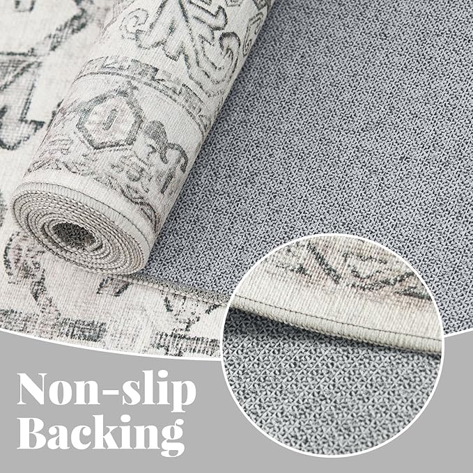 jinchan Lima Hallway Runner Rug 2x10 - Kitchen Washable Rug Floral Runner Non Slip with Rubber Backing Ultra-Thin Vintage Carpet for Bedroom Laundry Room Living Room (2x10ft, Grey)