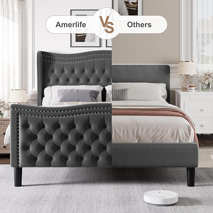 Full Bed Frame with Tall Headboard & Footboard, Velvet Upholstered Platform Bed Frame with Deep Button Tufted Wingback, No Box Spring Needed, Noise Free, Grey