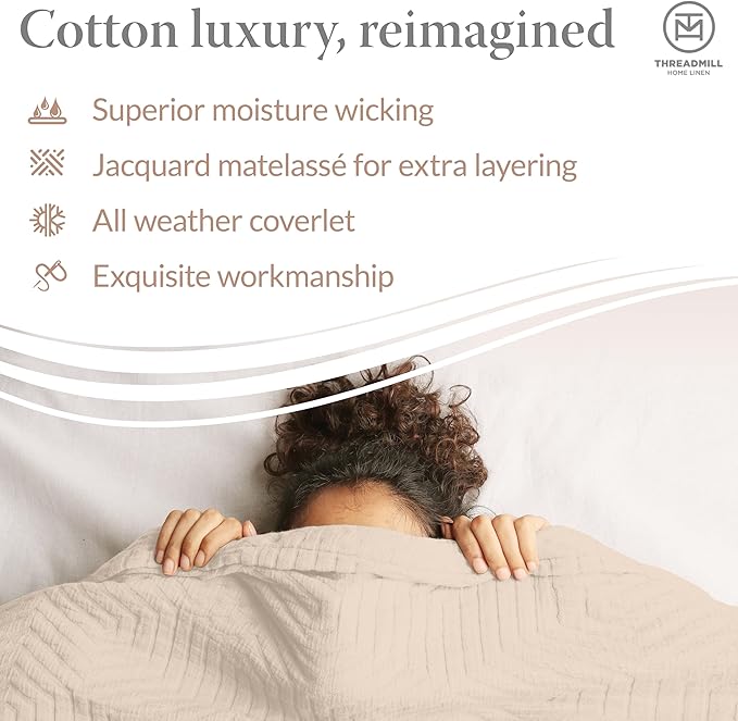 Threadmill Luxury Cotton Blankets for Queen Size Bed | All-Season 100% Cotton Queen Size Blanket | Aster Jacquard Cozy Lightweight, Soft Breathable Coverlet fits Full Size Bed, 90x92 | Vanilla Cream