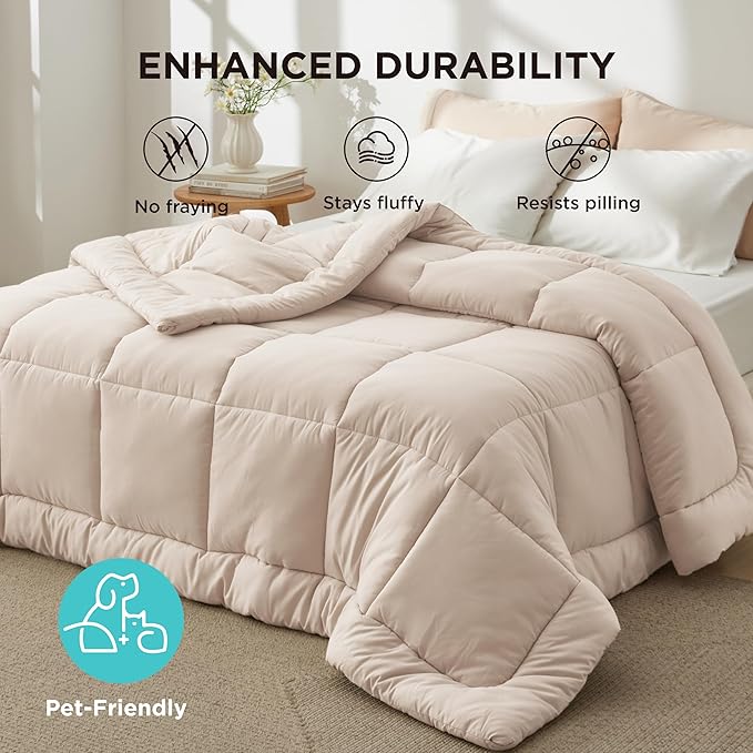 Bedsure Comforter Duvet Insert - Quilted Comforters Full Size, All Season Duvet, GentleSoft Down Alternative Bedding, with 8 Tabs, Gifts for Women/Men, Beige, Full 86 x 82 Inches