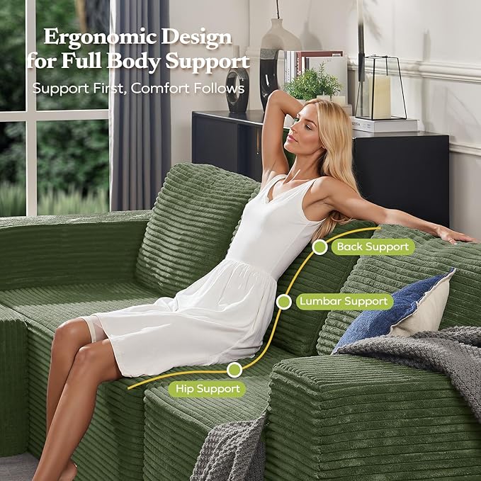 106" 3-Seater Sofa, Cloud Modular Sofa with Certified Foam, Upholstered Floor Sofa with Deep Seat, Sofa for Bedroom Living Room, No Assembly Required (Green, Plush Corduroy Fabric)