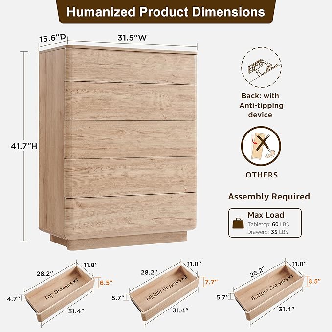 ACCOHOHO Modern 5 Drawer Dresser for Bedroom, 42" Tall Wooden Dressers with Large Storage,Handleless Chest of Drawers for Living Room & Hallway, Curved Profile Design, Natural Oak