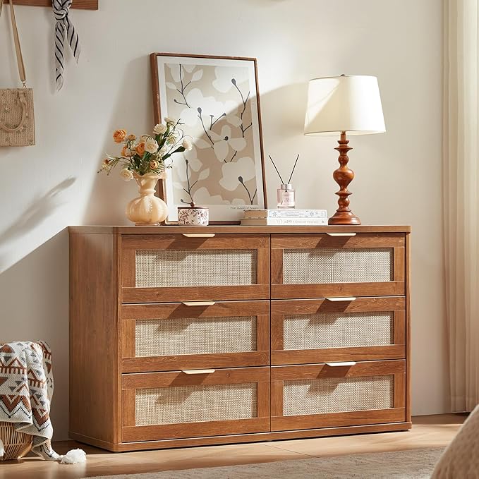 LEYAOYAO Rattan Dresser and Nightstand Sets 3, Boho Wood Dresser for Bedroom with 6 Drawers and Night Stand with 3 Drawer, Bedroom Furniture, Dressers & Chests of Drawers, Living Room, Hallway