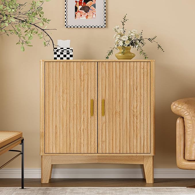 Storage Cabinet with Doors and Adjustable Shelf, Modern Fluted Sideboard Buffet Cabinet, Freestanding Coffee Bar for Kitchen, Pantry, Entryway, Living Room (Natural Oak)