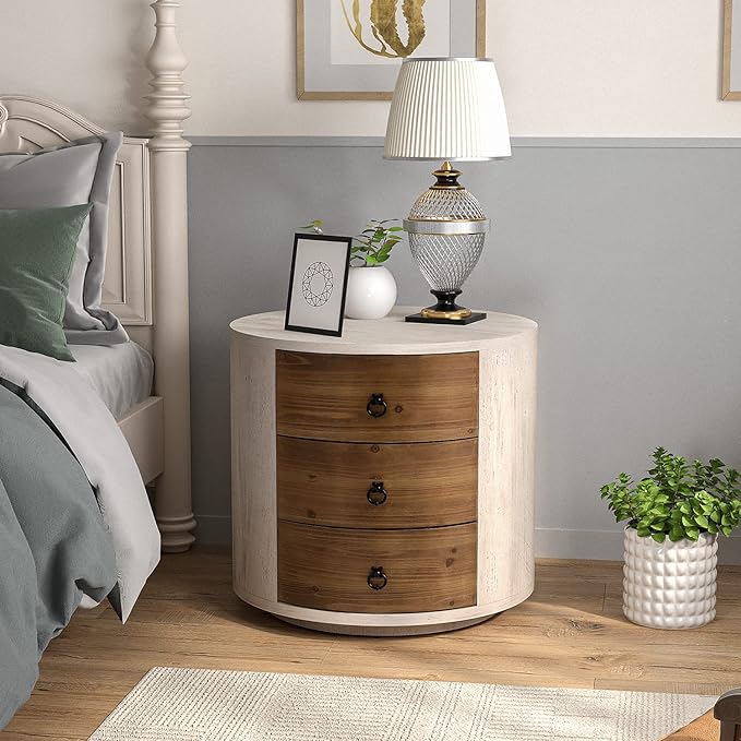 COSIEST Bedside Table Set of 2, Wood Nightstand 3 Drawers, Farmhouse Round End Table with 3 Drawers, Dresser with Drawers for Bedroom, Living Room