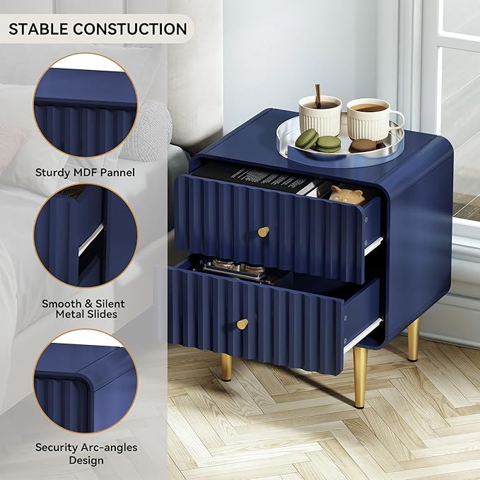 HLR Modern Nightstand Set of 2, Fluted Bed Side Table with 2 Drawers Storage, Wood End Table with Gold Metal Handle, Blue Night Stands for Bedroom