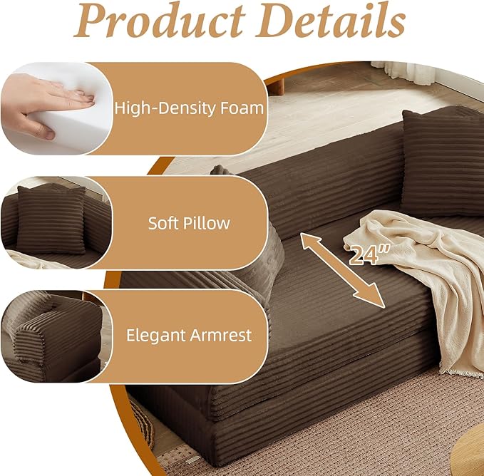 4-in-1 Convertible Folding Sleeper Sofa Bed, Fold Out Floor Sofa Couch with Fixed-Shape Frame, Cloud Corduroy Foldable Mattress Couch for Living Room Bedroom (78" Corduroy, Dark Brown)