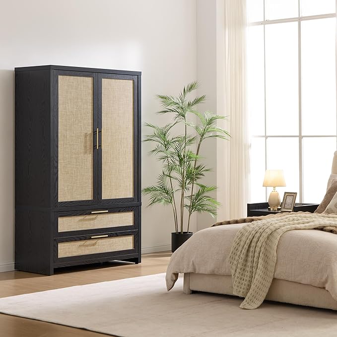 SICOTAS Rattan Armoire Wardrobe Closet Cabinet, 71" Wardrobe Storage Cabinet with Doors, 2 Drawers and Hanging Rod, Boho Large-Capacity Deep Armoire Clothes Organizer for Bedroom, Black Oak