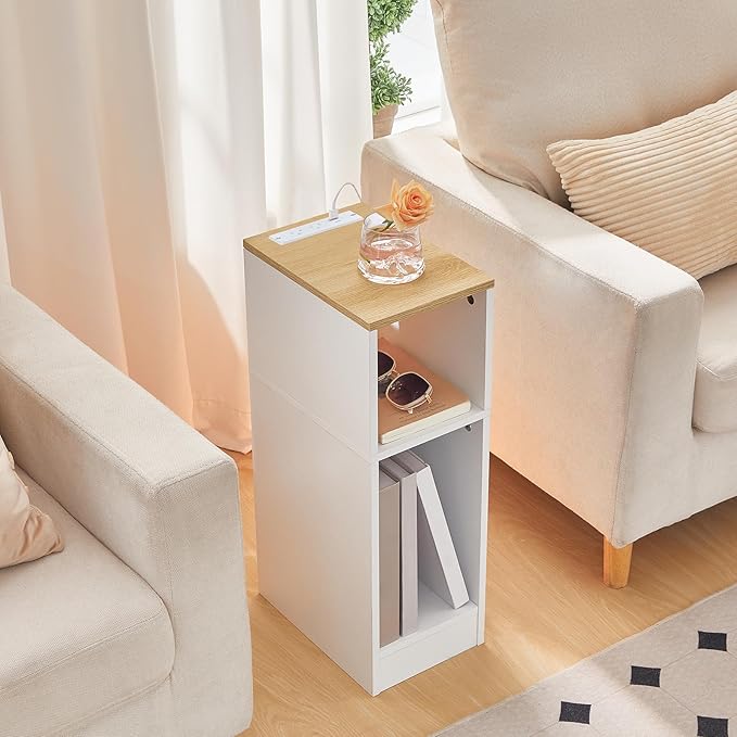 Narrow Nightstand, Slim End Table with Charging Station and LED Sensor Light, Modern Side Table, Bedside Table, for Small Spaces, Living Room, Bedroom, Natural and White ETNW30E01