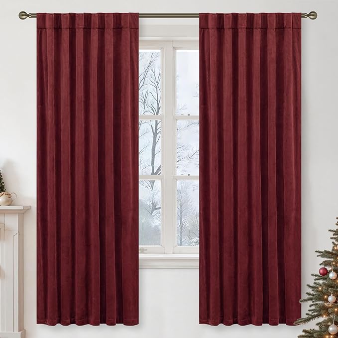 LAMIT Burgundy Red Velvet Curtains 72 Inch for Living Room, Vintage Thermal Insulated Panels Christmas Decor Room Darkening Back Tab and Rod Pocket Drapes for Bedroom/Theater, 2 Panels, 52 x 72 Inch